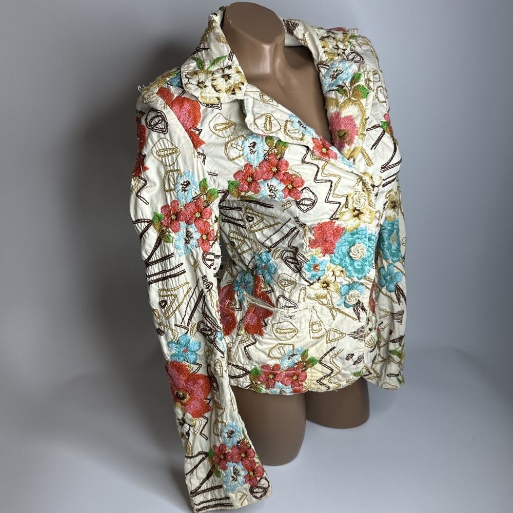 Johnny Was Womens Embroidered Button Up Jacket Small Cream Floral Bohemian Artsy - Picture 3 of 16